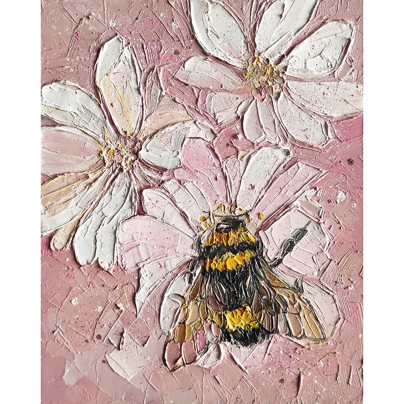 Bumblebee painting bee hand-painted original art impasto oil painting wall art - Posters - Other Materials Pink