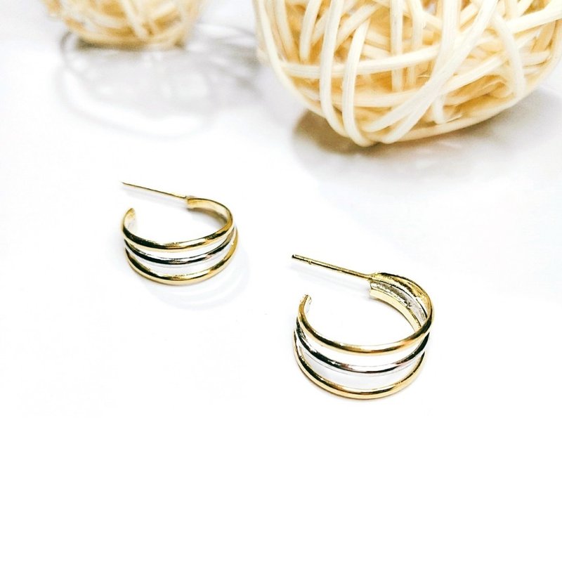 Eli Jewelry義大利進口正14K金歐美龐克雙色C型多層次圓圈耳環 - 耳環/耳夾/耳骨夾 - 貴金屬 金色
