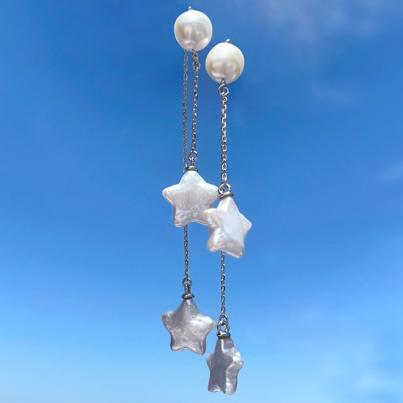 Dana雙層星形珍珠耳環 – 純銀 - 耳環/耳夾/耳骨夾 - 純銀 銀色