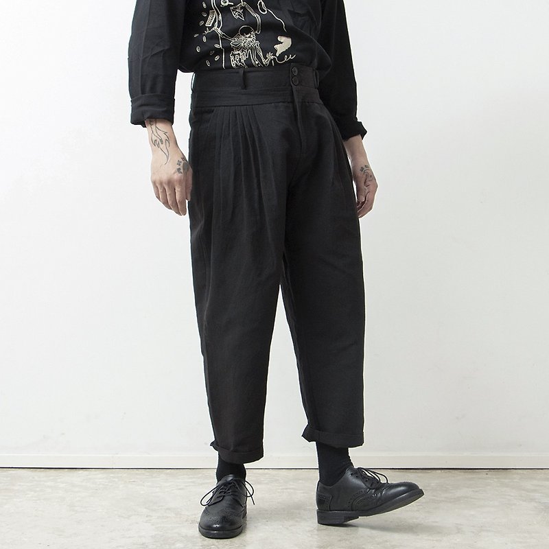 Retro straight loose Linen pleated dark casual Japanese tooling wide-leg men's trousers - Men's Pants - Cotton & Hemp Black