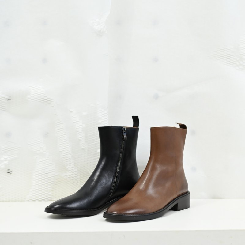 簡約皮質-低跟筒靴-棕色 - 女短靴/中筒靴 - 真皮 咖啡色