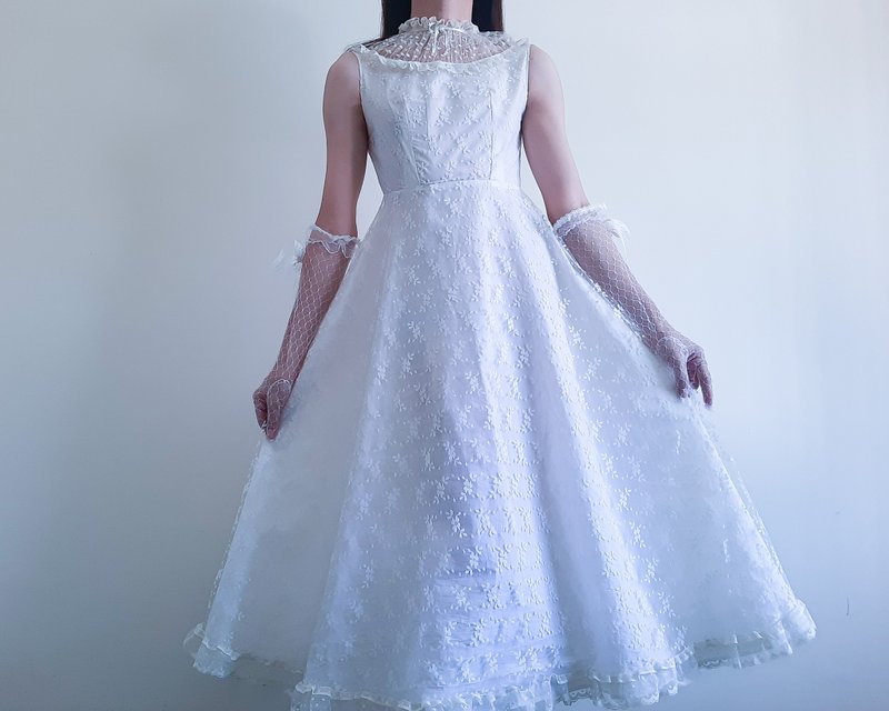 XS - 復古 60 年代 70 年代蕾絲婚紗 白色象牙色中長連身裙高領荷 - 洋裝/連身裙 - 聚酯纖維 白色