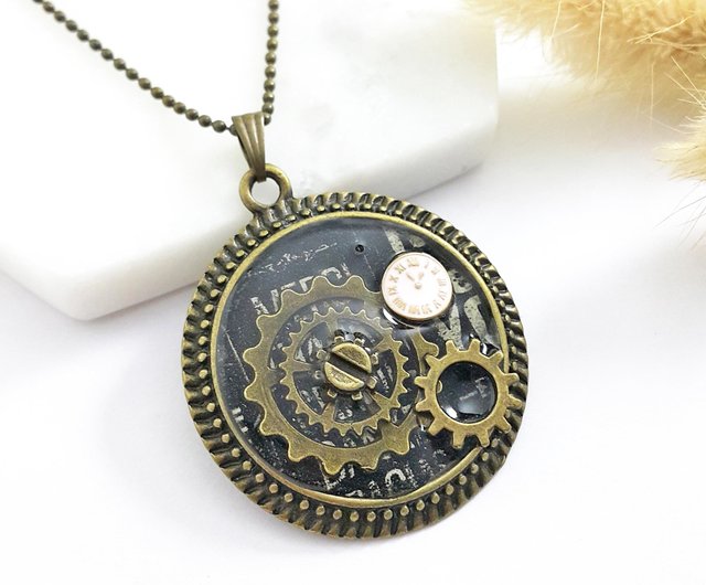 Steampunk x clock gear x handmade vintage long necklace - Shop ccs