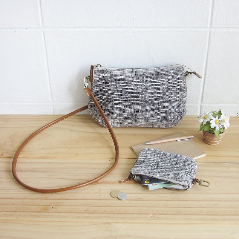 Goody Bag / A set of Cross-body Mini Curve Bag with Coin Bag in Natural-Brown Color Cotton - Messenger Bags & Sling Bags - Cotton & Hemp Gray