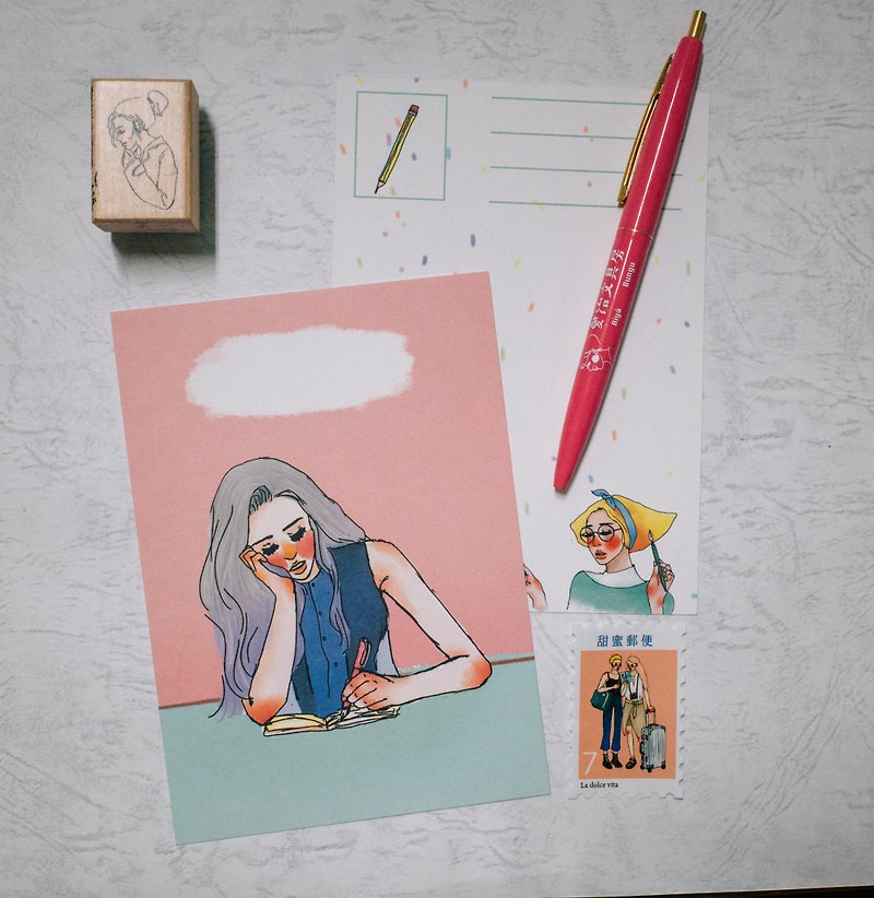 Foutain Pen Girl Postcard - การ์ด/โปสการ์ด - กระดาษ สึชมพู