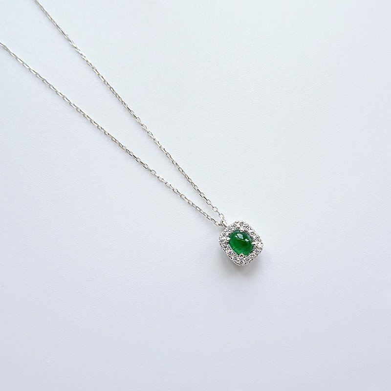 Burmese Jadeite Cabochon Halo Diamonds Pendant 18K Solid Gold Dainty Necklace - Necklaces - Jade Green