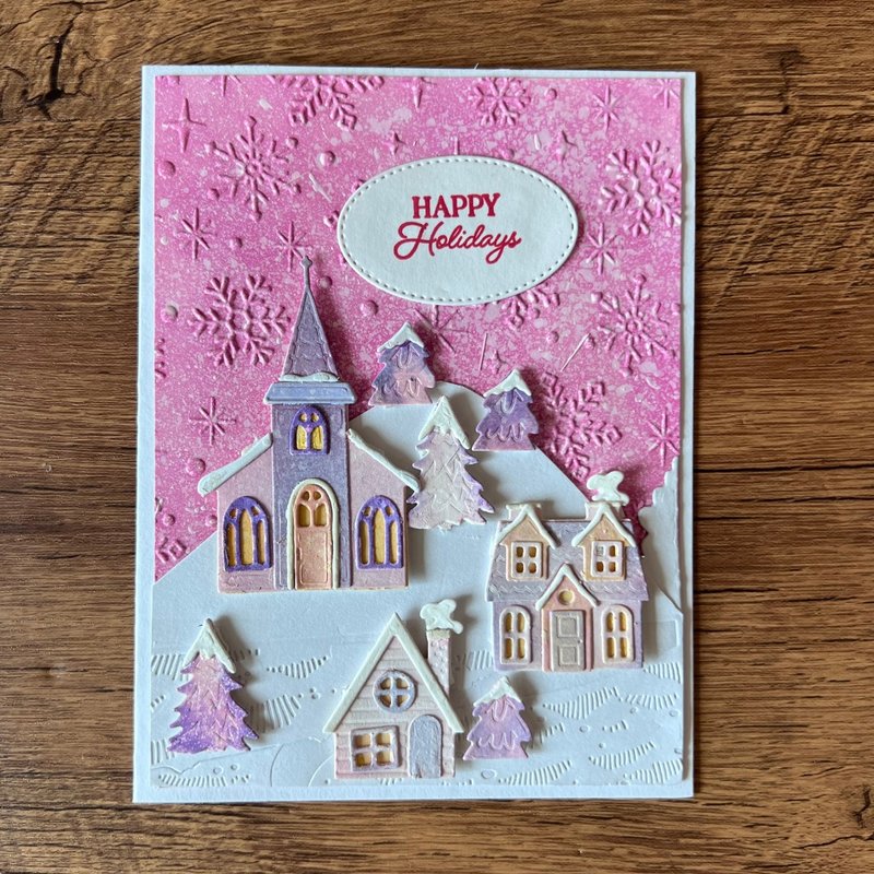 Happy Holidays Christmas Pink Village Christmas Card - Cards & Postcards - Paper Pink