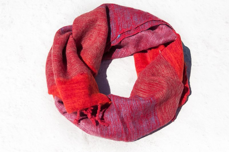 聖誕禮物純羊毛絲巾/手工針織圍巾/編織圍巾/純羊毛圍巾-紅色條紋 - 絲巾 - 羊毛 紅色