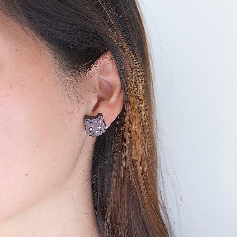 Cat wooden earring ( 925 sterling silver studs) one per - Earrings & Clip-ons - Wood Brown