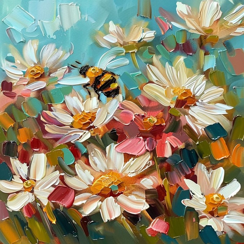 Daisy Painting Honeybee Original Fine Art Decor Flowers Oil Painting - ตกแต่งผนัง - วัสดุอื่นๆ 