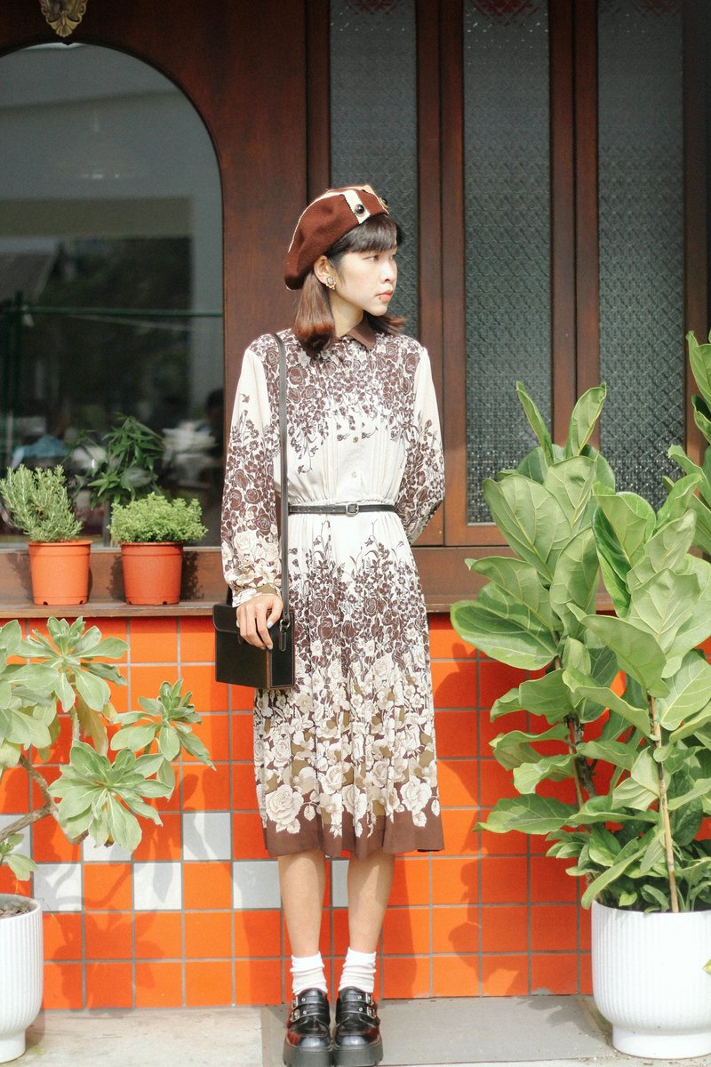 Brown rose milk tea vintage long sleeve dress - One Piece Dresses - Polyester Brown