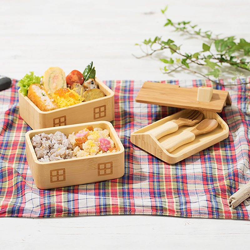 【agney】Japanese Mengzong bamboo picnic box - house (with S soup fork) - Children's Tablewear - Bamboo Orange