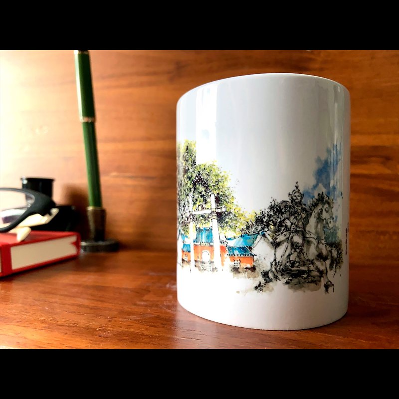 Fucheng style mug with dead branches sketching Tainan attractions Yanping County Wang's Temple watercolor illustration - Mugs - Pottery 