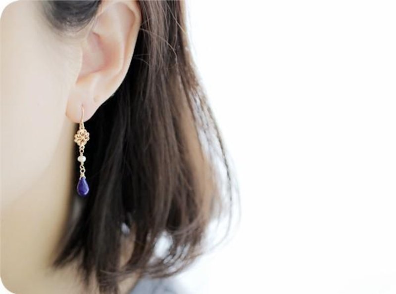 Good luck Successful luck UP Lapis lazuli and freshwater pearl earrings December birthstone - ต่างหู - เครื่องเพชรพลอย สีน้ำเงิน