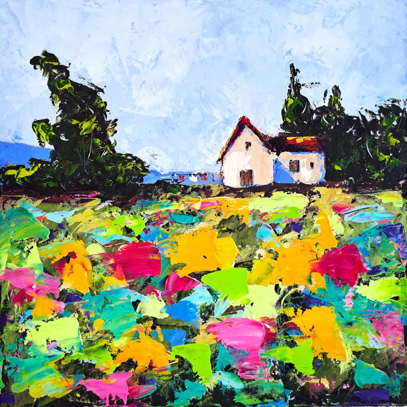 Texas Painting Wildflowers Original Art Cottage Oil Painting Landscape - 海報/掛畫/掛布 - 其他材質 多色