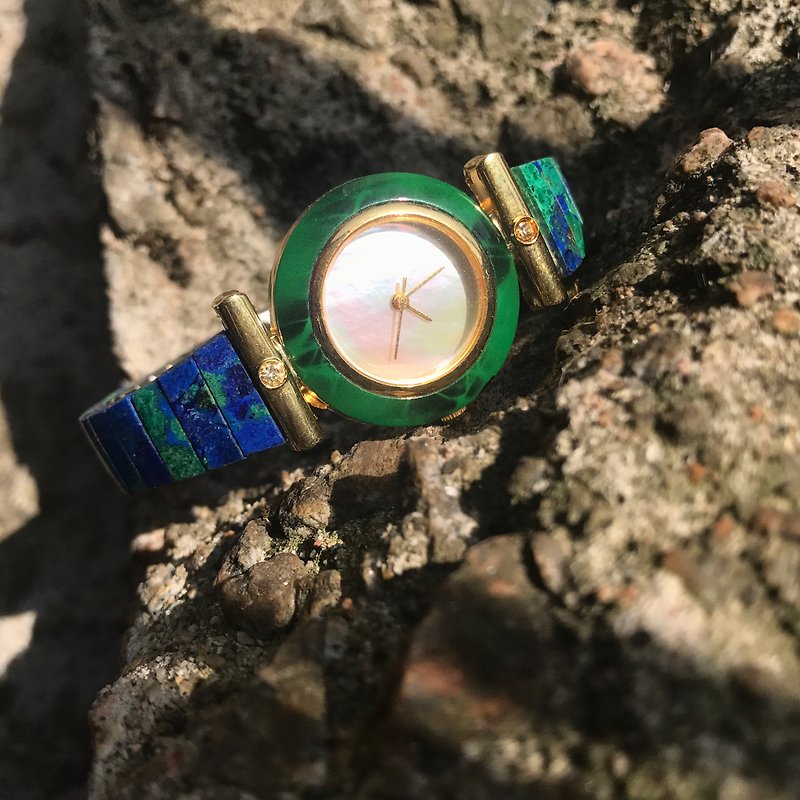 【Lost and find】azurmalachite mother of pearl watch - นาฬิกาผู้หญิง - เครื่องเพชรพลอย สีเขียว