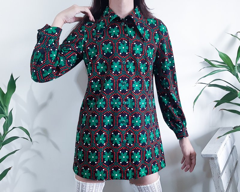 復古 1960 年代迪斯科襯衫連身裙花卉圓點現代連身裙紐帶前裙 - 洋裝/連身裙 - 聚酯纖維 綠色