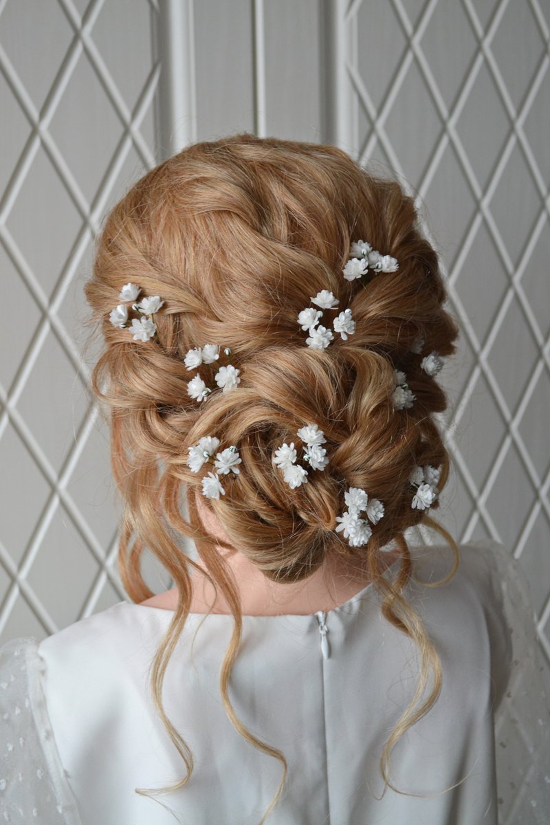 Babys breath hair pins, Gypsophila flowers bridal hair piece, Floral hair pins - เครื่องประดับผม - วัสดุอื่นๆ ขาว