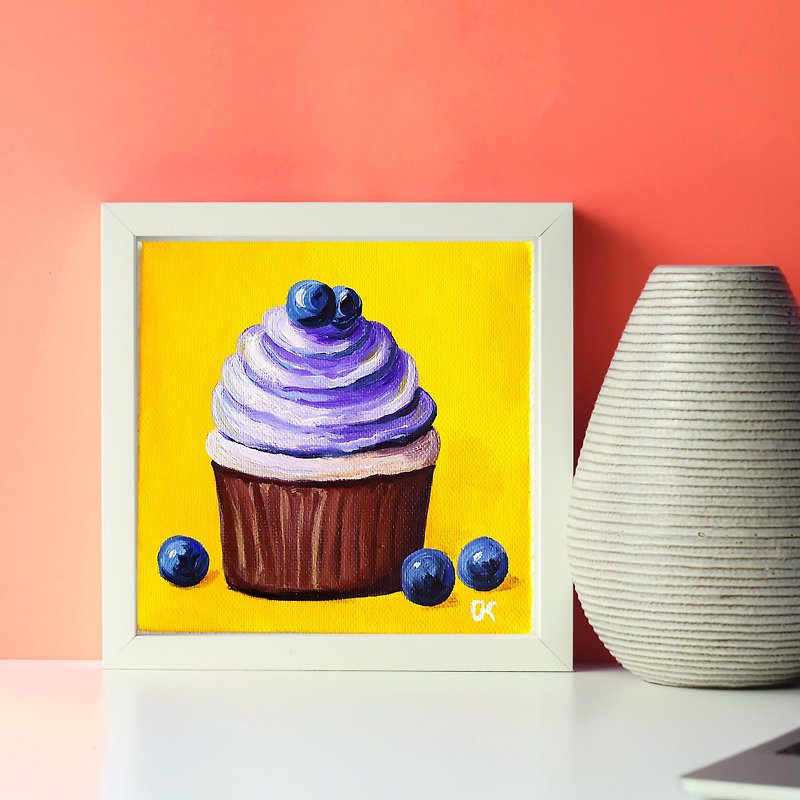 Cake painting Dessert Wall decor Food oil painting Cupcake mini artwork, 油畫, 裝飾畫 - 海報/掛畫/掛布 - 棉．麻 黃色