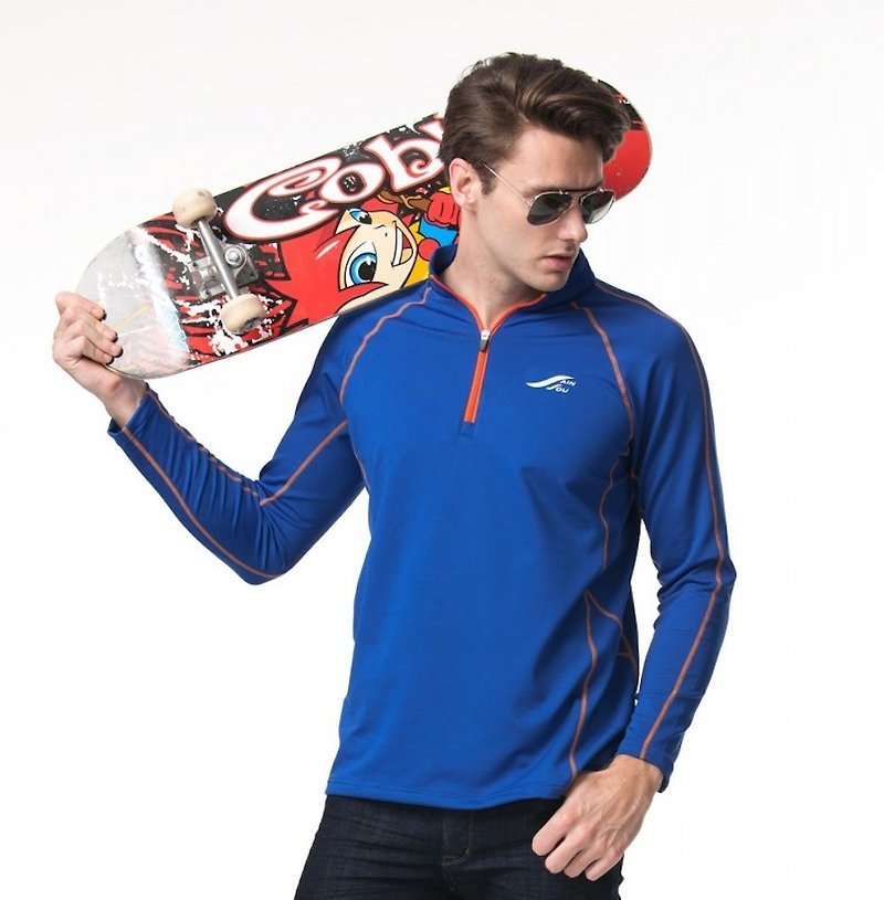 MIT Long Sleeve Stand Collar Sweatshirt - ชุดกีฬาผู้ชาย - เส้นใยสังเคราะห์ สีน้ำเงิน