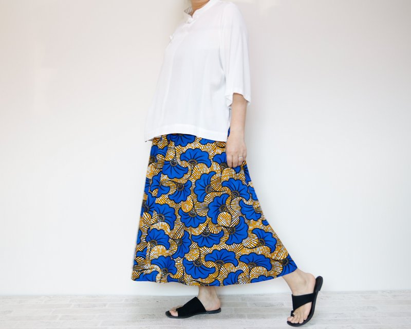 African print flared skirt -blue / yellow - กระโปรง - ผ้าฝ้าย/ผ้าลินิน หลากหลายสี