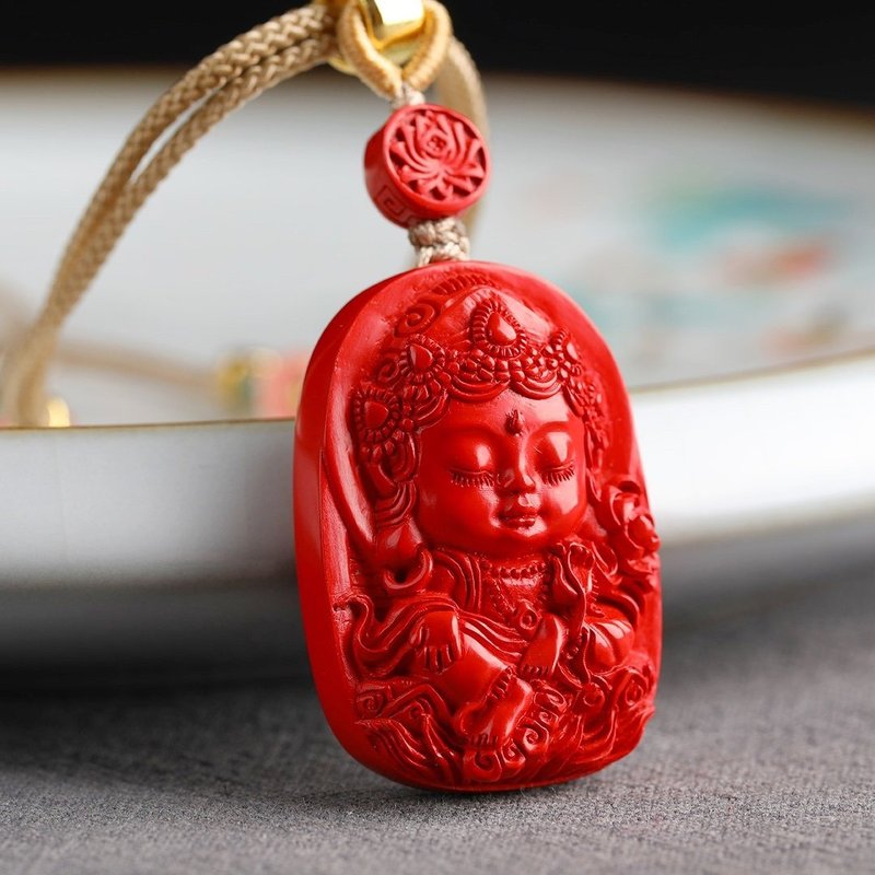 Natural cinnabar fine red sand green tara pendant cinnabar content up to 95% or more - Keychains - Gemstone 