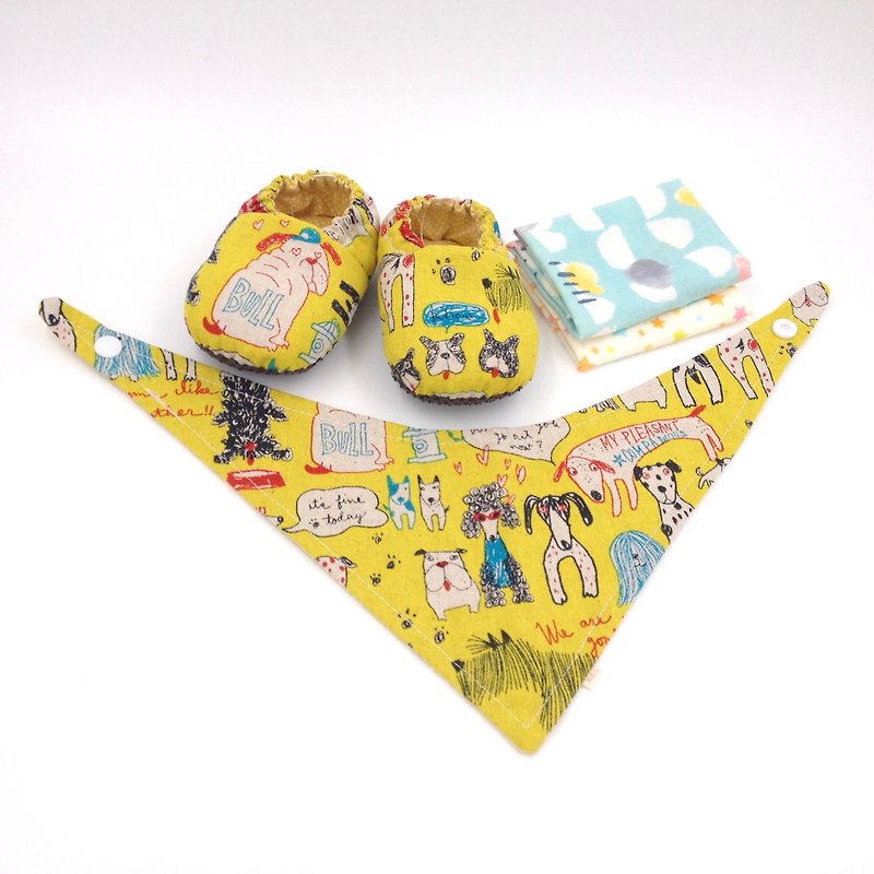 絵の具の子犬 -  Miyue赤ちゃんのギフトボックス（幼児の靴/ベビーシューズ/ベビーシューズ+ 2ハンカチ+スカーフ） - 出産祝い用贈物 - コットン・麻 イエロー