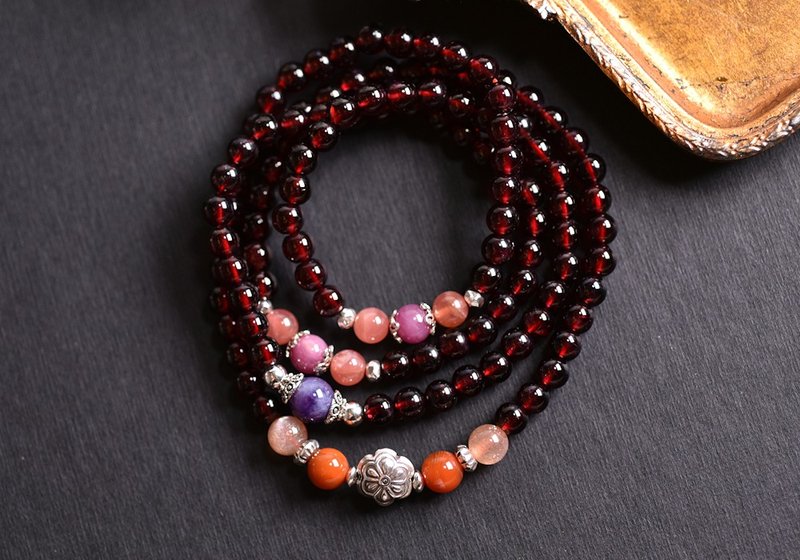 ロードクロサイト＋ルビー＋アメジスト＋ガーネット 108珠念珠／仏具／多連ブレスレット - ブレスレット - クリスタル レッド