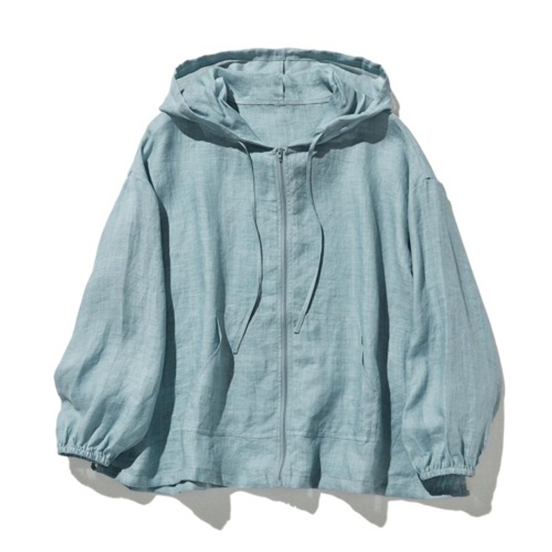 New color: A cool-looking Linen jacket with a hood, light outerwear, blue, 230613-7 - เสื้อแจ็คเก็ต - ผ้าฝ้าย/ผ้าลินิน 