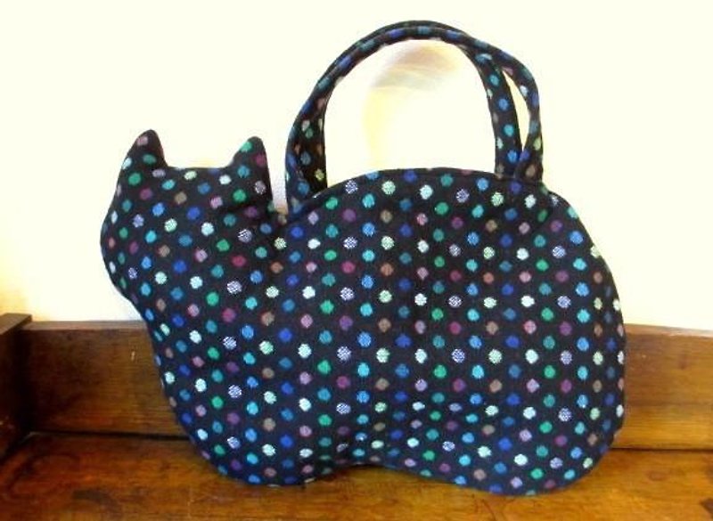 Cat Bag * Black colorful dot - กระเป๋าถือ - ผ้าฝ้าย/ผ้าลินิน สีดำ