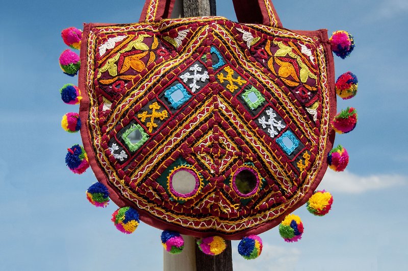 Hand-embroidered backpack, ethnic style bag, handbag, clutch, handmade bag, embroidery bag-tassel ball mirror - Handbags & Totes - Cotton & Hemp Multicolor