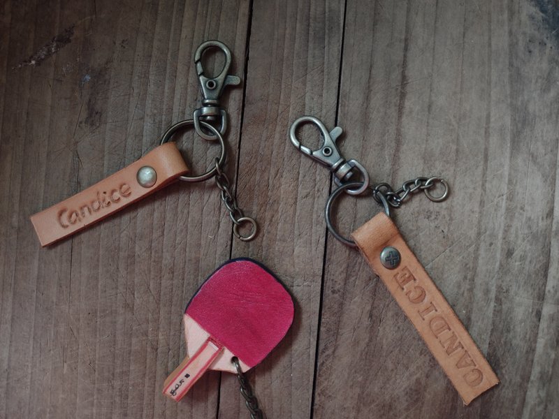 Cute mini billiard racket/table tennis racket pure leather key ring-can be engraved - Keychains - Genuine Leather Red