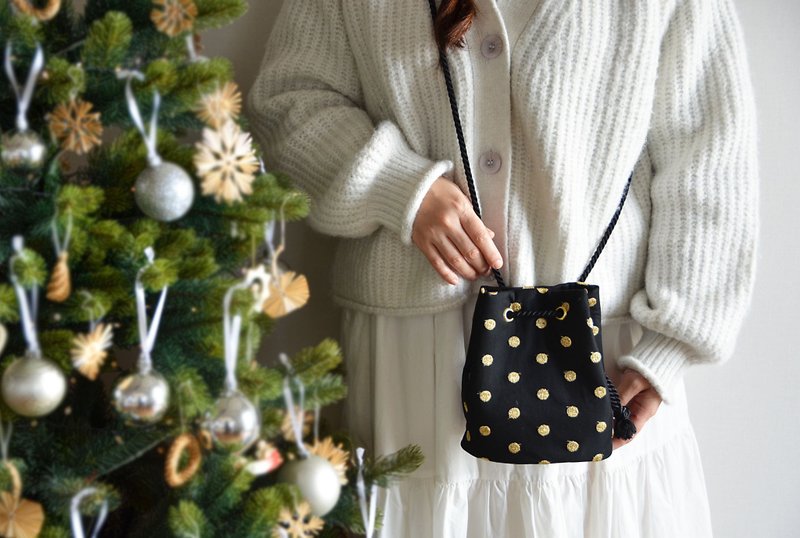 最後の1点  チュール刺繍ドット 2wayポシェットマリンバッグ 　ゴールド　クリスマスギフト・ご褒美にも - 側背包/斜背包 - 棉．麻 黑色