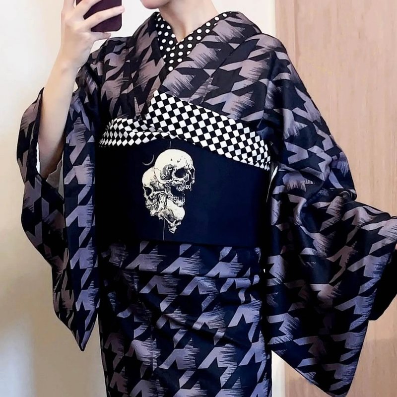雙面和服半幅帶/ 浴衣腰帶 - 骷髏圖案樣式 - 皮帶/腰帶 - 聚酯纖維 黑色