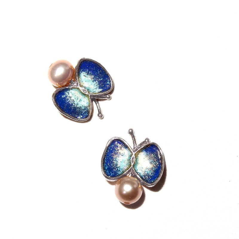 Handmade jewelry enamel series enamel butterfly 925 silver earrings pre-order - ต่างหู - วัตถุเคลือบ สีน้ำเงิน