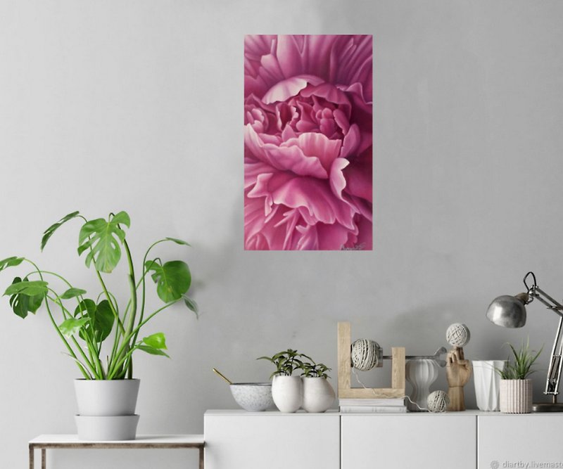 Pink peony painting Original floral design Narrow canvas Living Room wall art - ตกแต่งผนัง - วัสดุอื่นๆ 