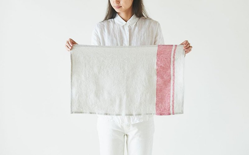 Chambray linen kitchen cloth (beige × red) - ที่รองแก้ว - ผ้าฝ้าย/ผ้าลินิน สีกากี