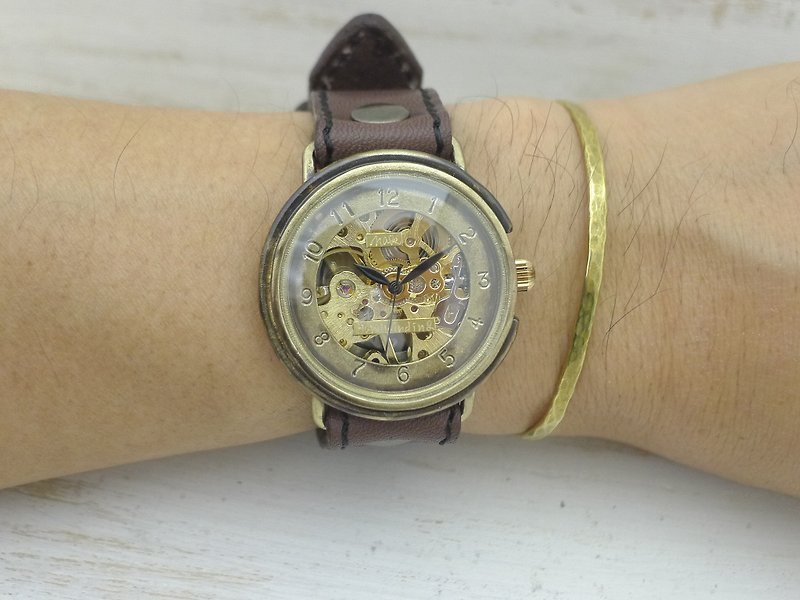 手作り腕時計 BHW059 手巻きBrass36mm アラビア数字 ミシンステッチベルト - 腕時計 - 銅・真鍮 ゴールド