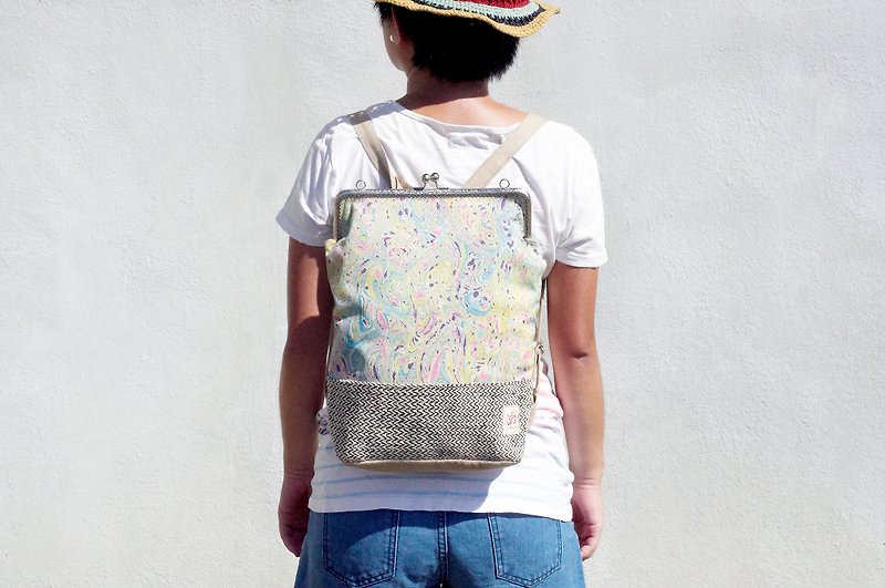 Valentine's Day Gift Patchwork Gold Bag / Backpack / Shoulder Bag / Travel Bag - Yellow Shirt Dyed Water Canvas + Cotton - Backpacks - Cotton & Hemp Multicolor