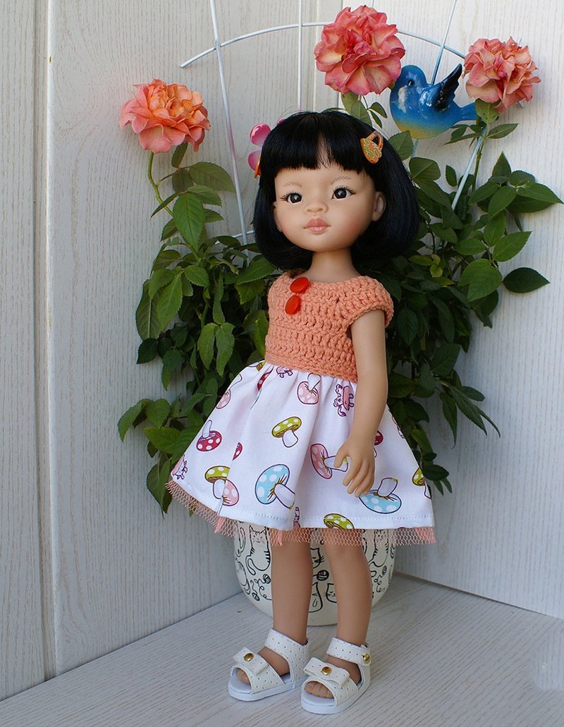 Paola Reina salmon pink dress, peach summer dress for Las Amigas 32 cm 13in doll - ตุ๊กตา - ผ้าฝ้าย/ผ้าลินิน สึชมพู