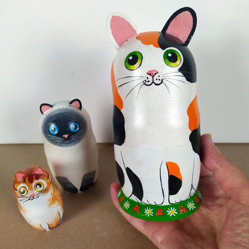 マトリョーシカ 猫 トリコロール オリジナル アート 木製 かわいい猫 