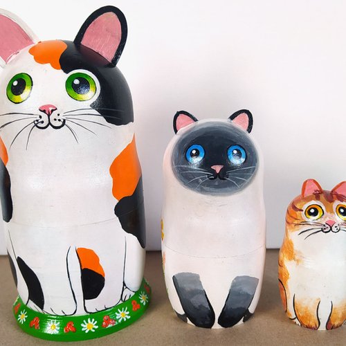 マトリョーシカ 猫 トリコロール オリジナル アート 木製 かわいい猫