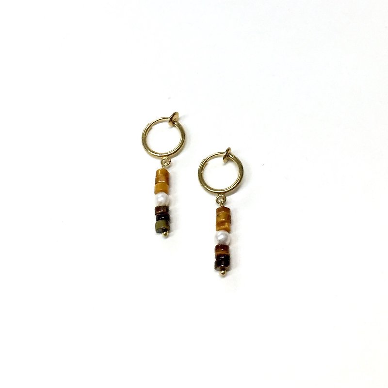 【Ruosang】Maple sugar toast. Stone& natural pearl. Maillard. Handmade Bronze earrings - Earrings & Clip-ons - Gemstone Brown