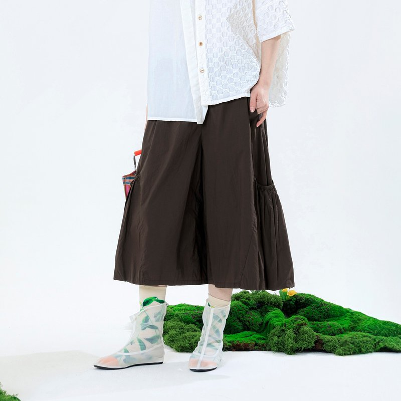 立體澎澎口袋七分大寬褲 - 女長褲 - 棉．麻 咖啡色