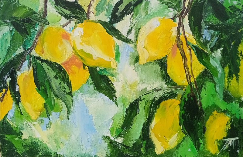 Limone Painting Original Art Lemon tree Painting Oil 20*30cm - 海報/掛畫/掛布 - 其他材質 黃色
