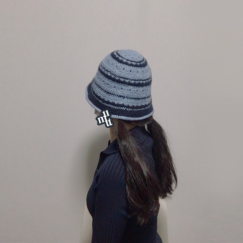 Women Denim Style Spring Autumn Knit Hat Bucket Hat crochet - 帽子 - 其他材質 藍色