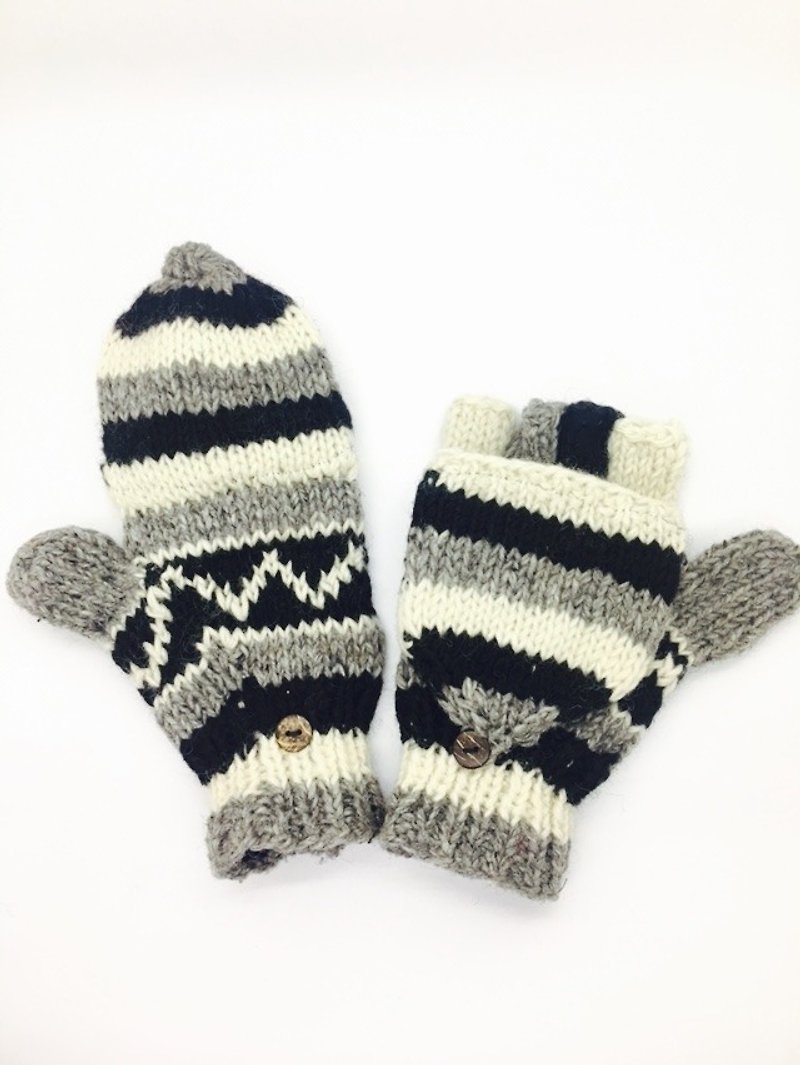 尼泊爾100%wool手工厚針織純羊毛手套-黑x灰x白 北歐風格 - 手套/手襪 - 羊毛 黑色