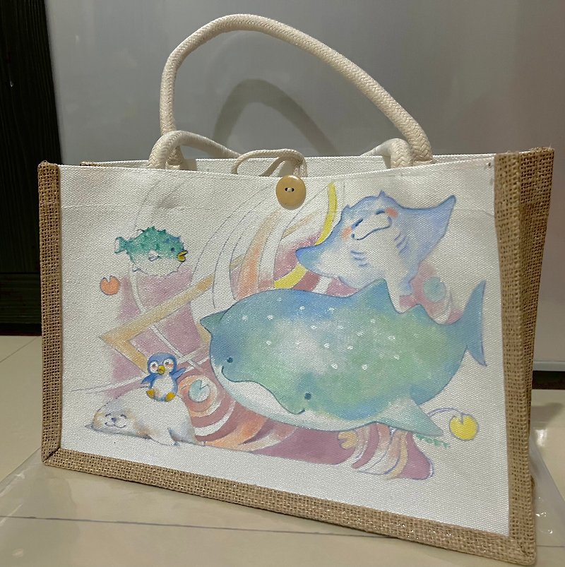 Original hand-painted ocean friends burlap bag - MUJI - Clutch Bags - Cotton & Hemp 