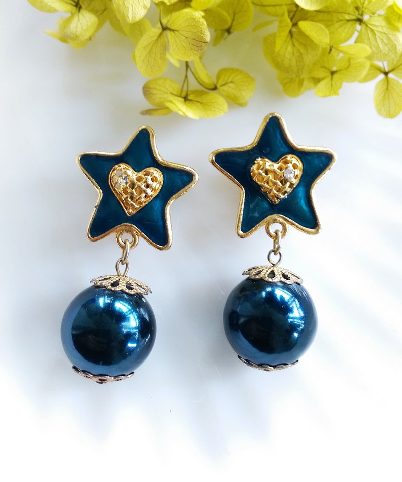Vintage Jewelry 西洋古董飾品 藍星星 垂墜 夾式耳環 - 耳環/耳夾/耳骨夾 - 其他金屬 金色