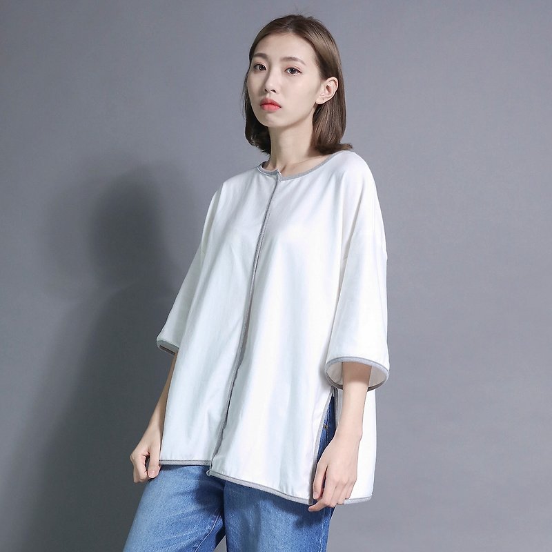 Vision dimension misaligned piping top _7SF108_白 - Women's Tops - Cotton & Hemp White
